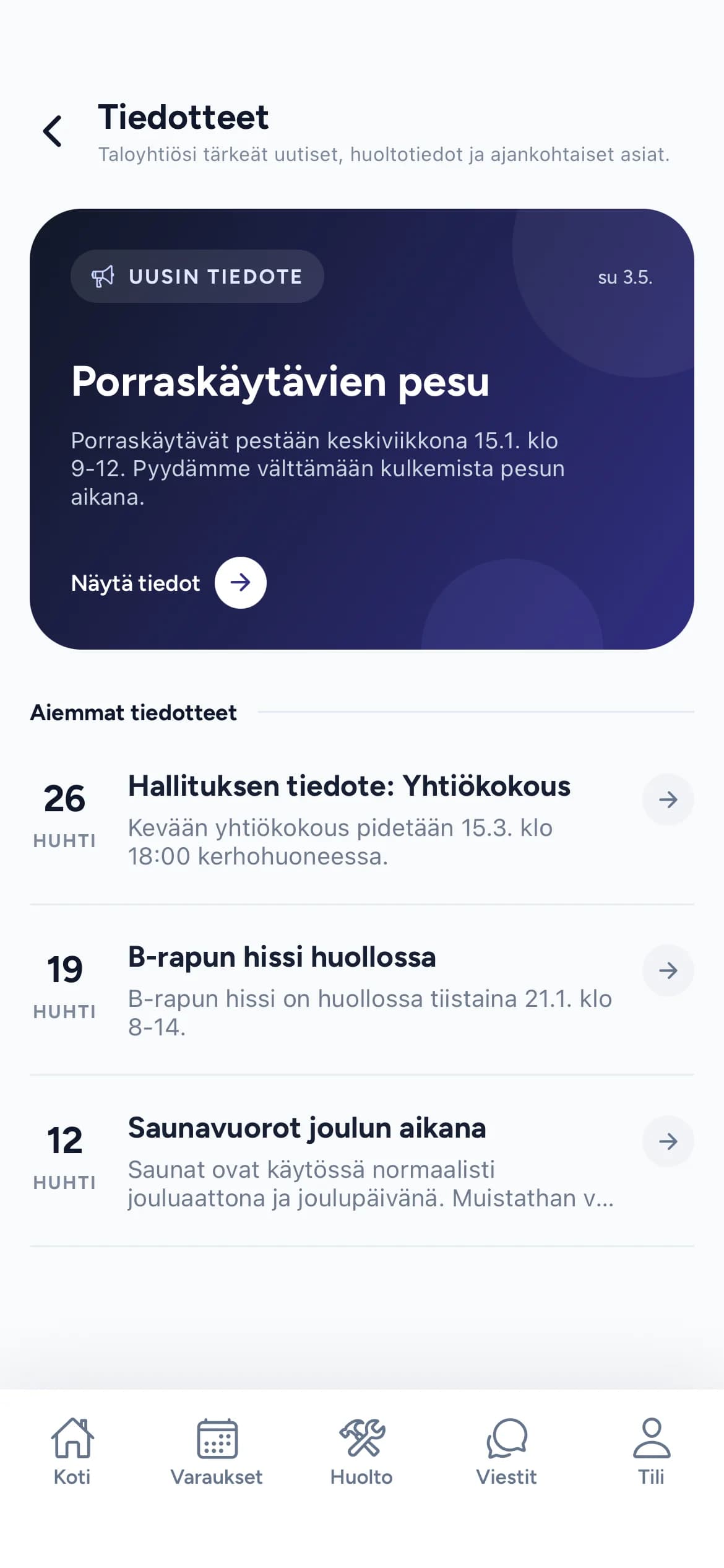 Rappu-sovelluksen tiedotenäkymä