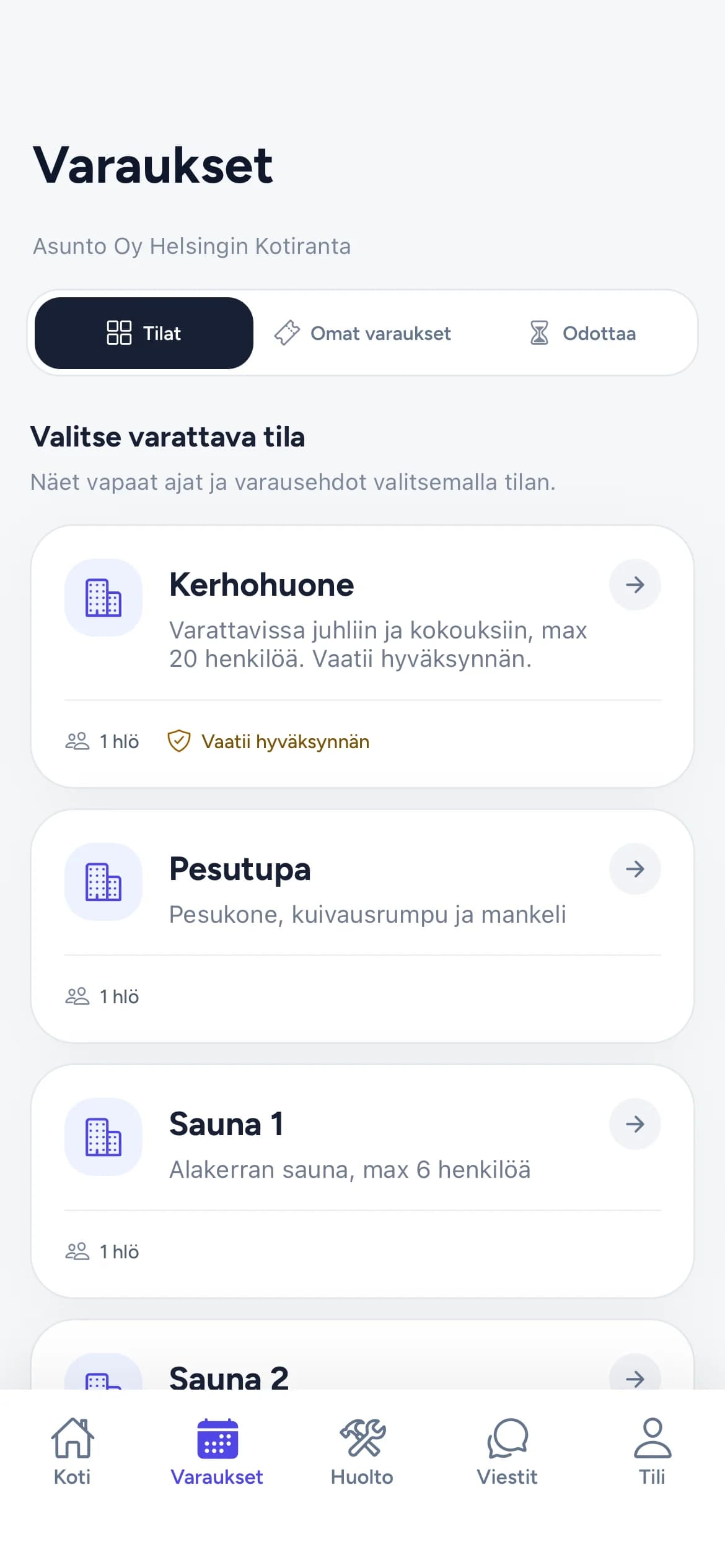 Rappu-sovelluksen varausnäkymä