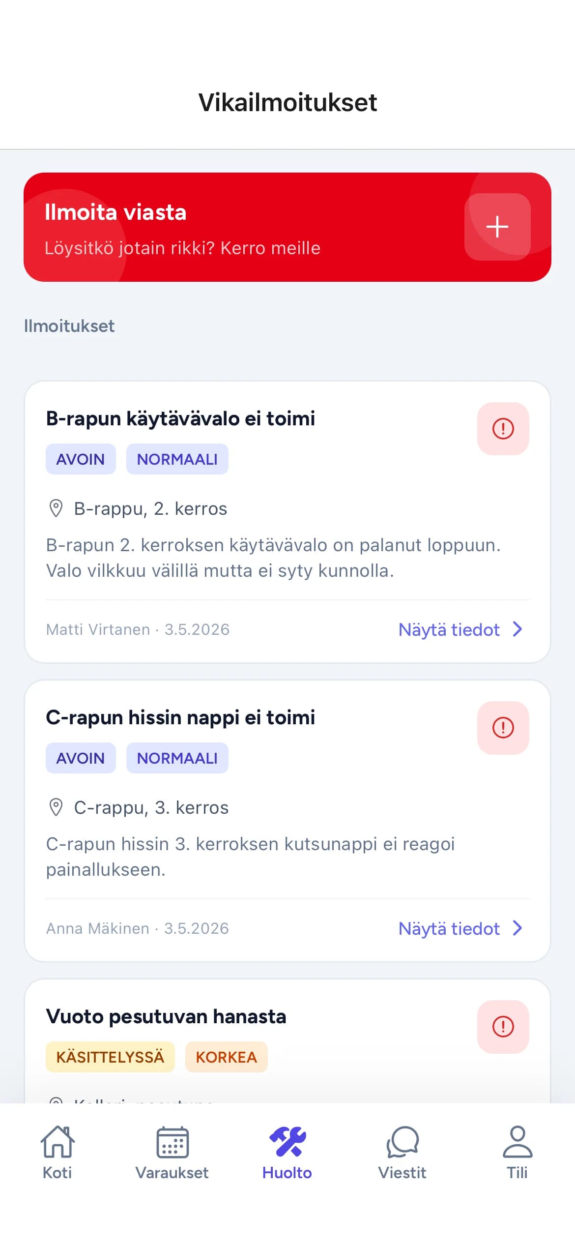 Rappu-sovelluksen vikailmoitusnäkymä