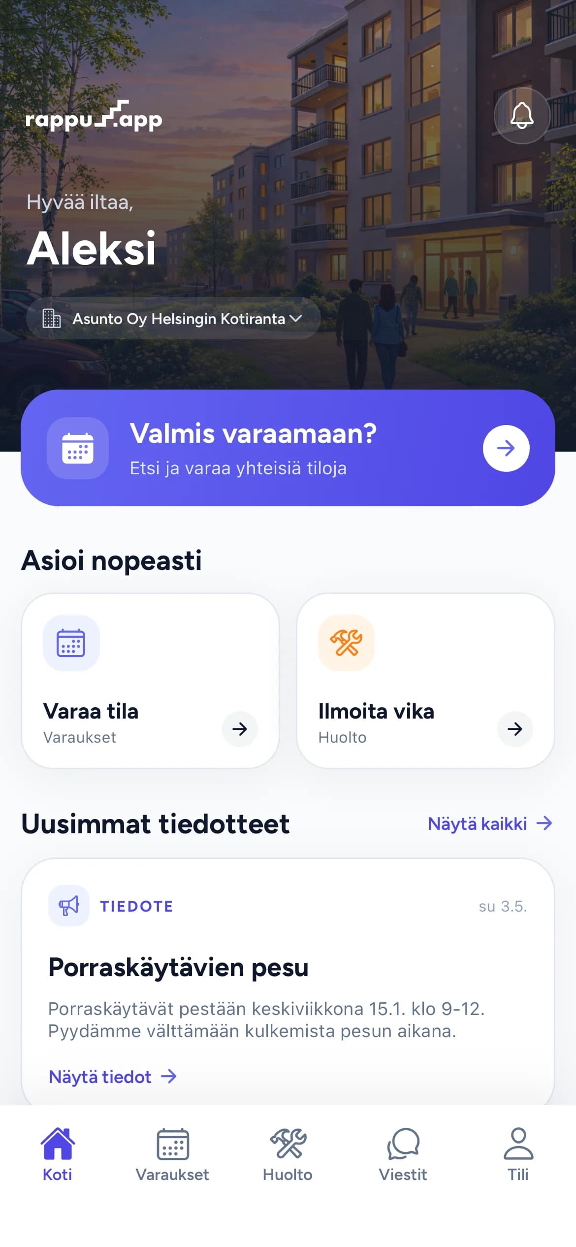 Rappu-sovelluksen etusivu